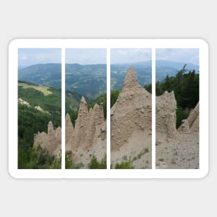 The incredible earth pyramids of Collepietra (Piramidi di Terra) in the Dolomites. Striking place. Italian Alps. Sunny spring day with no people. Valley in the background. Trentino Alto Adige. Sticker